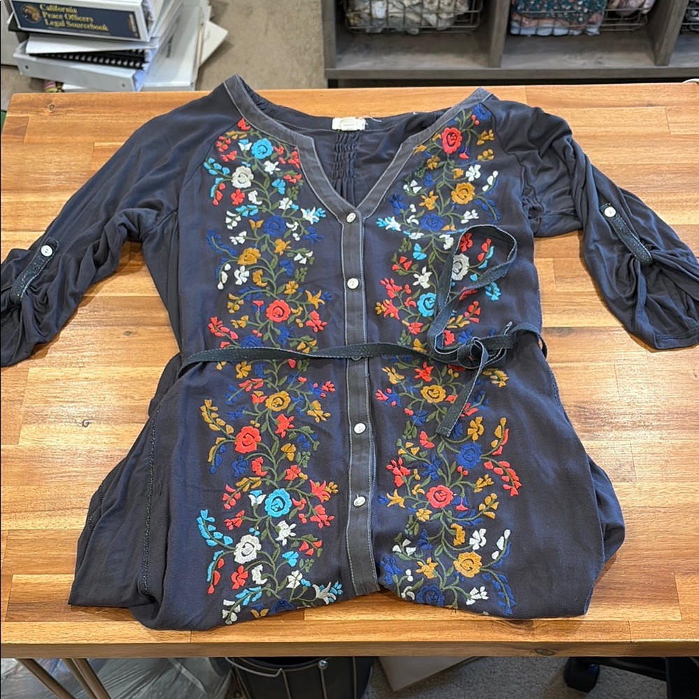 Anthropologie Navy Embroidered Floral Button-Front Top